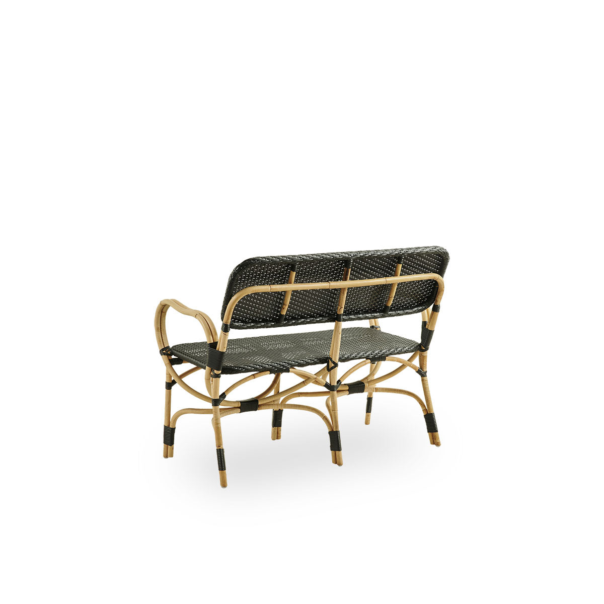 Back side view of Bistro bench in black ArtFibre weave with elegant design. Rattan frame with seat woven in ArtFibre. The curved rattan frame under the seat extends into armrests.