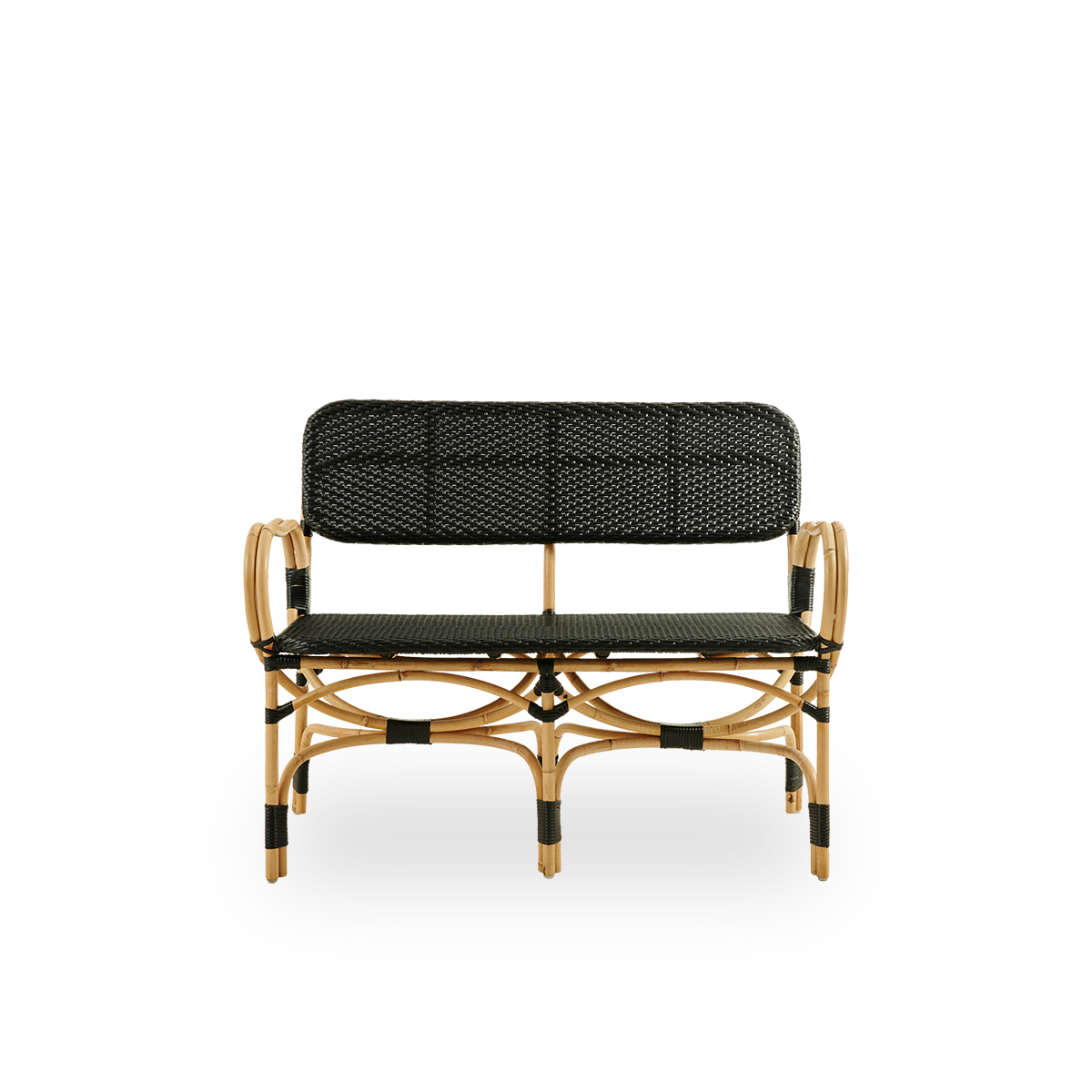 Front view of Bistro bench in black ArtFibre weave with elegant design. Rattan frame with seat woven in ArtFibre. The curved rattan frame under the seat extends into armrests.