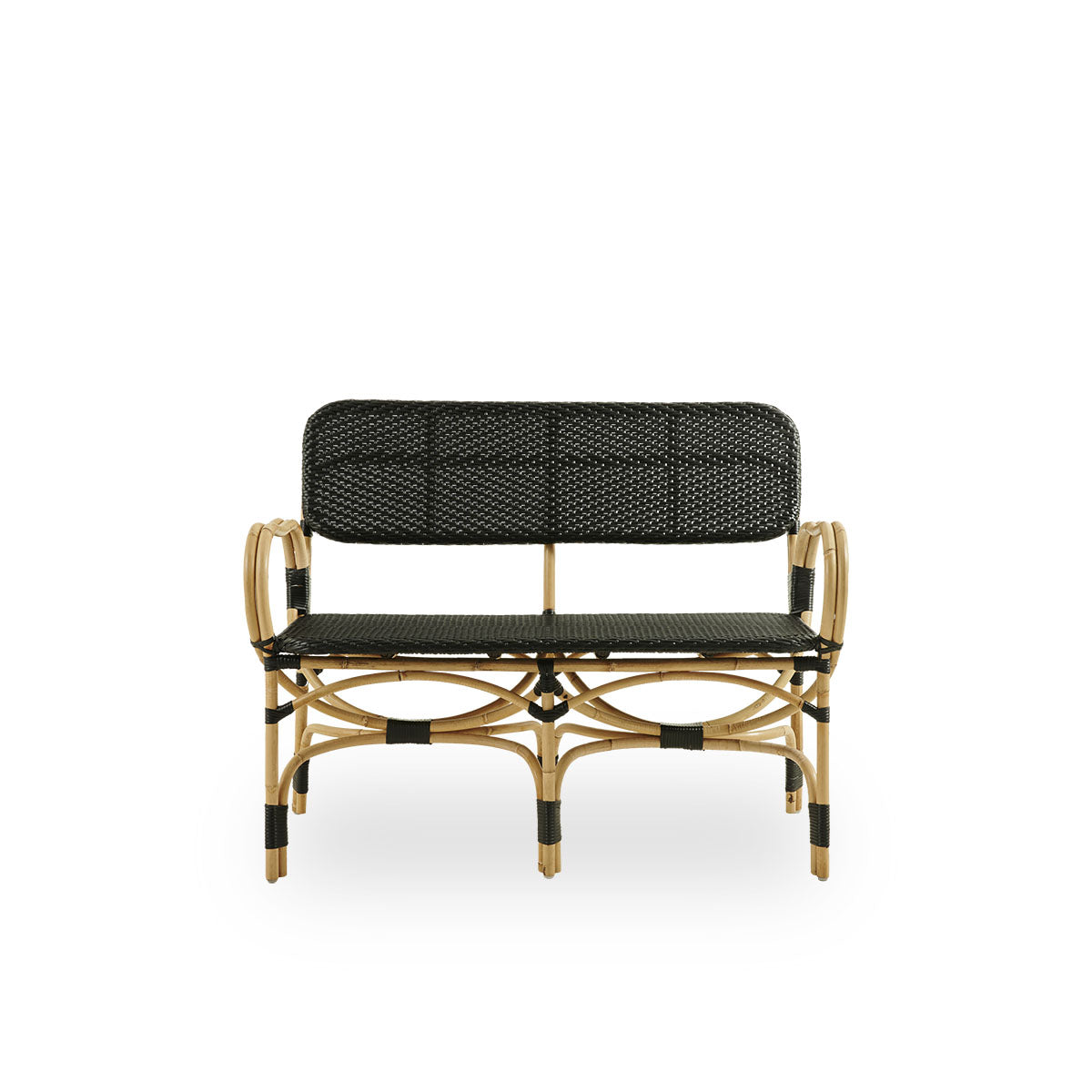 Front view of Bistro bench in black ArtFibre weave with elegant design. Rattan frame with seat woven in ArtFibre. The curved rattan frame under the seat extends into armrests.