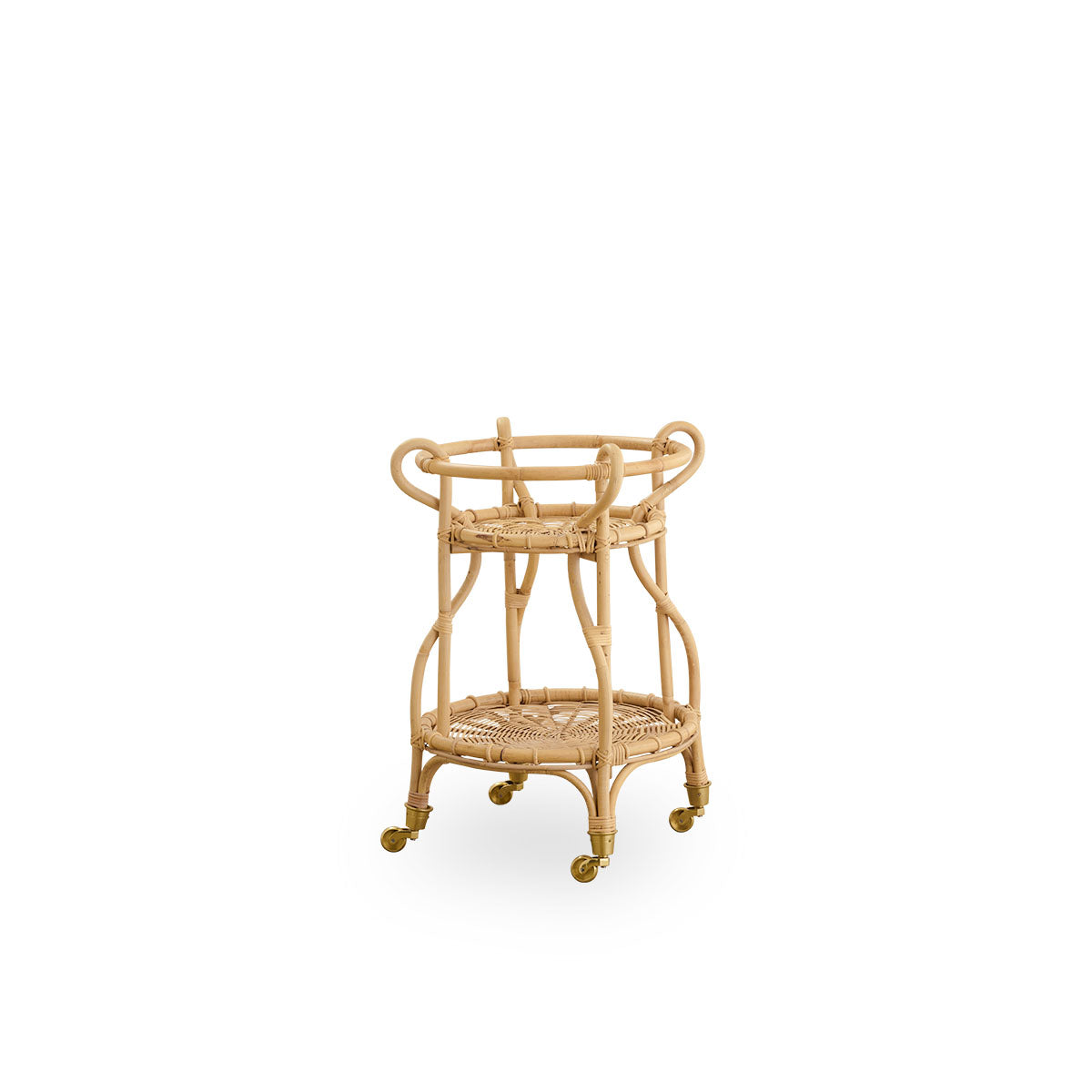 Side view of Fratellino rattan trolley in natural color, designed by Franco Albini & Franca Helg. Elegant wicker trolley with curved shapes and detailed weavings handcrafted from high-quality Indonesian rattan.
