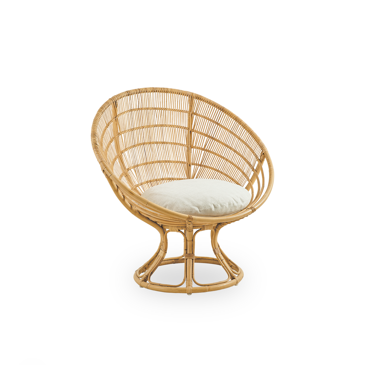 Side view of Luna lounge chair designed by Franco Albini & Franca Helg. Round lounge chair with seat cushion, handcrafted in high quality rattan.