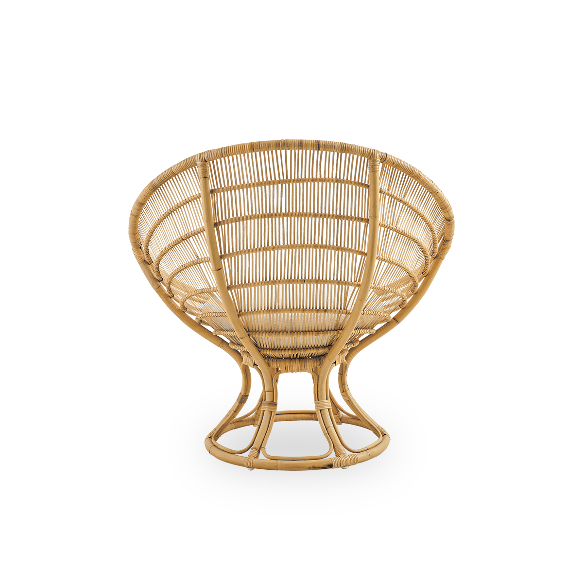Plain back view of Luna lounge chair designed by Franco Albini & Franca Helg. Round lounge chair with seat cushion, handcrafted in high quality rattan.