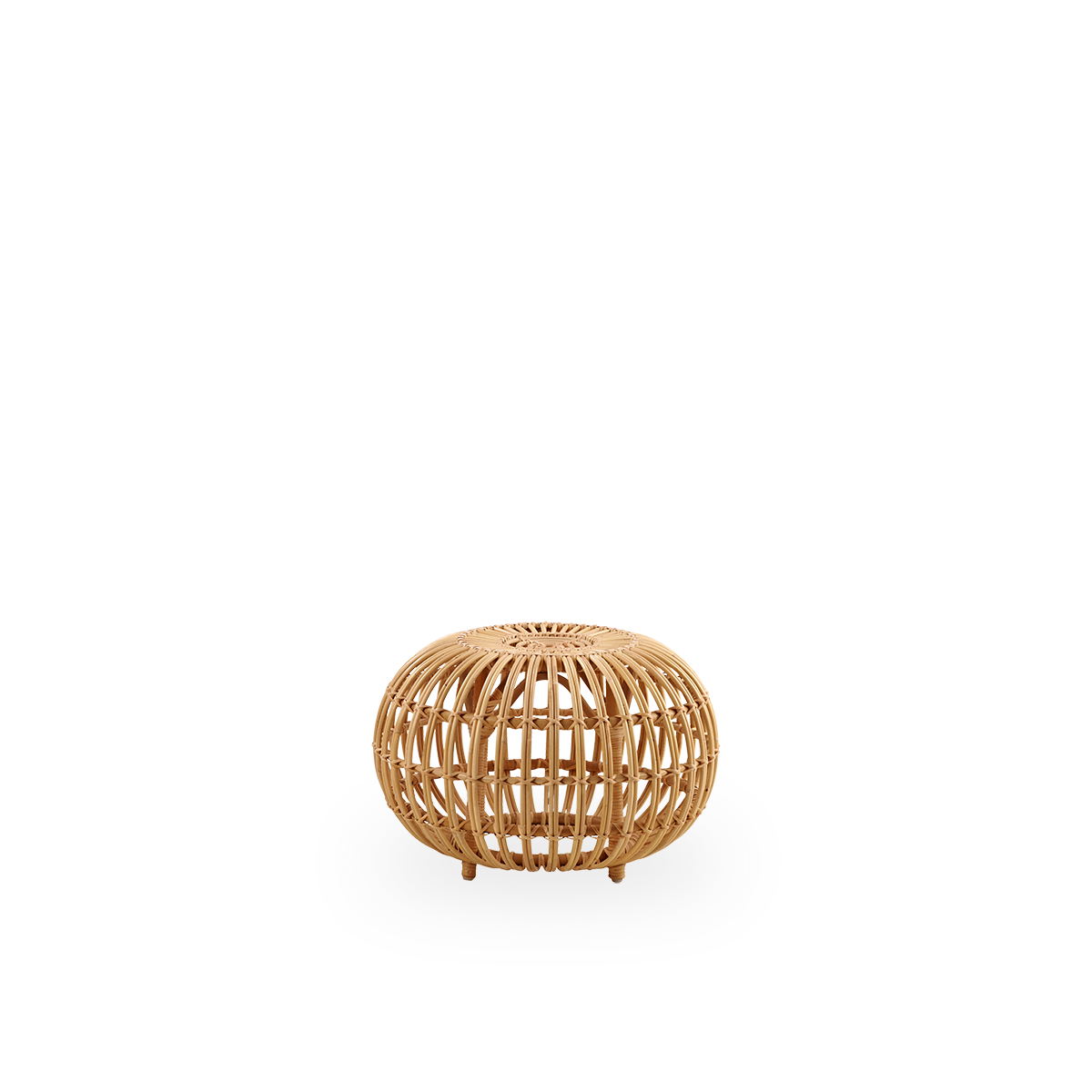 Side view of Large Ottoman Ø55 cm designed by Franco Albini & Franca Helg. Handcrafted in high quality rattan in natural color.
