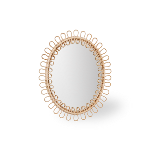 Luella mirror designed by Franco Albini & Franca Helg. Frame made from high-quality rattan with curved geometric pattern made from thinner rattan poles on the frame.