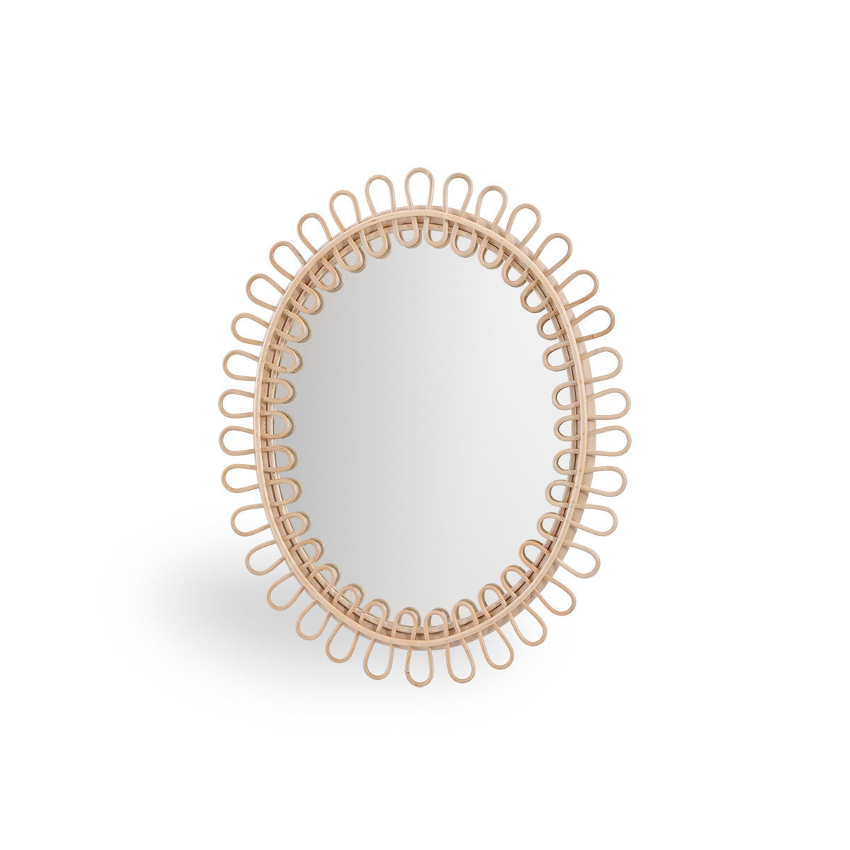 Luella mirror designed by Franco Albini & Franca Helg. Frame made from high-quality rattan with curved geometric pattern made from thinner rattan poles on the frame.