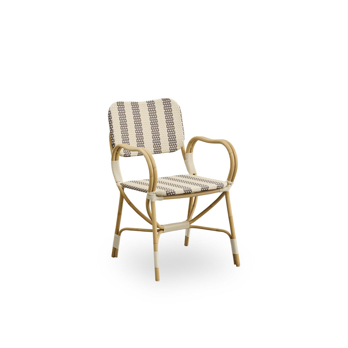 Side view of Bistro exterior chair designed by Franco Albini and Franca Helg. Aluminium frame in rattan look with fully woven seat and backrest in broad striped brown and ivory ArtFibre pattern.