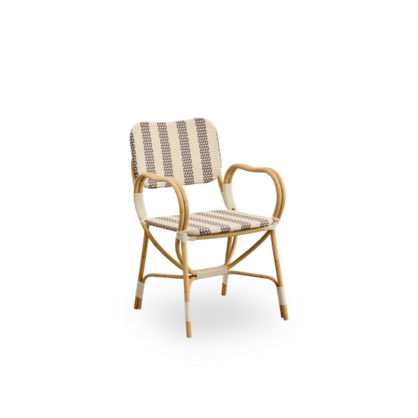 Side view of Bistro exterior chair designed by Franco Albini and Franca Helg. Aluminium frame in rattan look with fully woven seat and backrest in broad striped brown and ivory ArtFibre pattern.