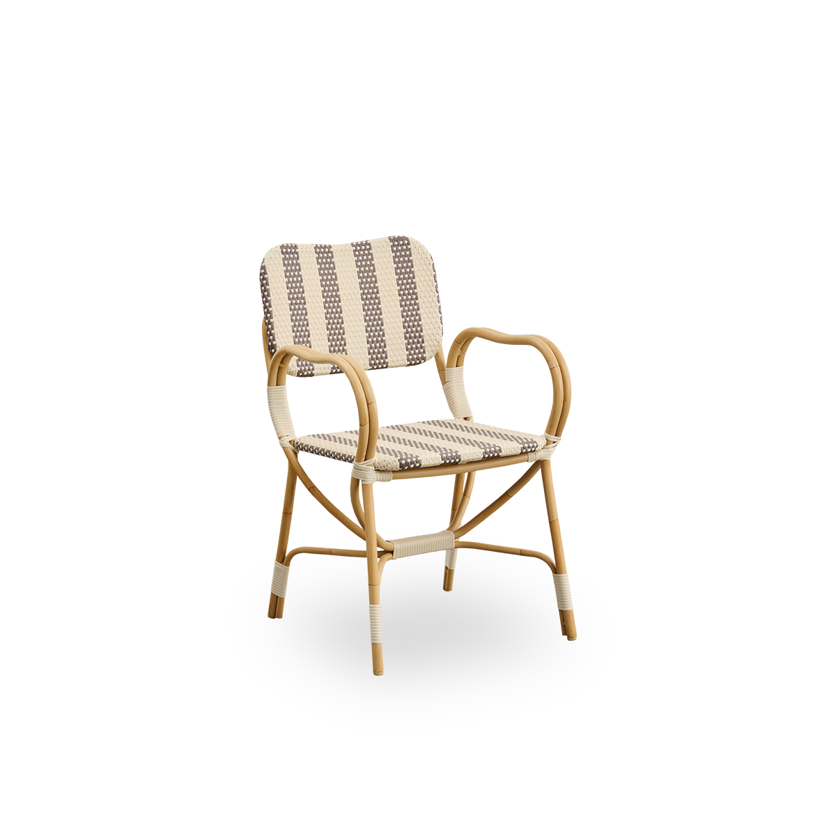 Side view of Bistro exterior chair designed by Franco Albini and Franca Helg. Aluminium frame in rattan look with fully woven seat and backrest in broad striped brown and ivory ArtFibre pattern.
