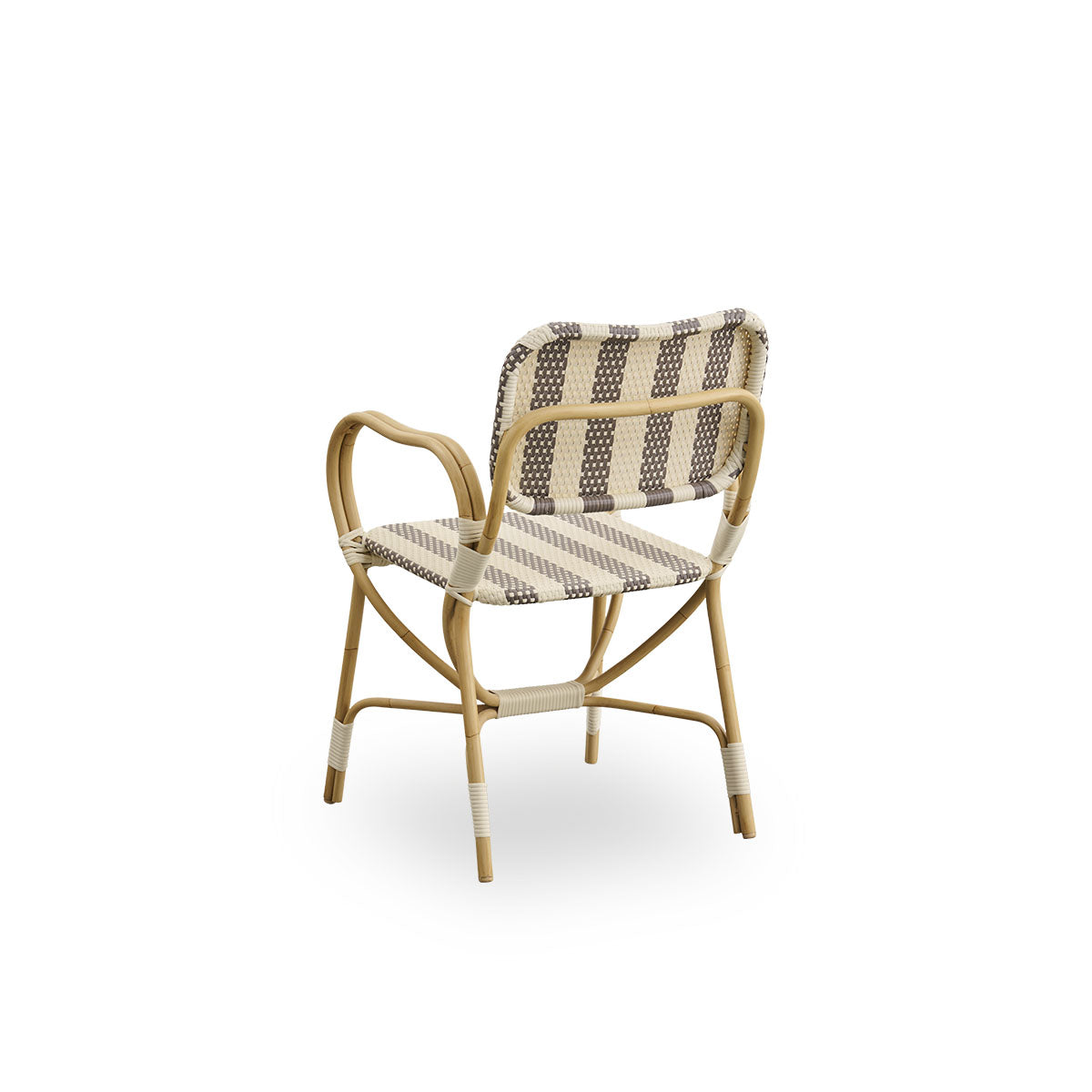 Back side view of Bistro Exterior chair designed by Franco Albini and Franca Helg. Aluminium frame in rattan look with fully woven seat and backrest in broad striped brown and ivory ArtFibre pattern.