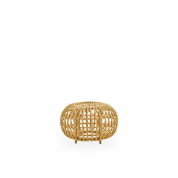 Side view of Small outdoor Ottoman Ø55 cm, designed by Franco Albini & Franca Helg. Round ottoman made with aluminium frame in rattan look with ArtFibre bindings.