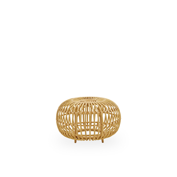 Side view of Large outdoor Ottoman Ø65 cm, designed by Franco Albini & Franca Helg. Round ottoman made with aluminium frame in rattan look with ArtFibre bindings.