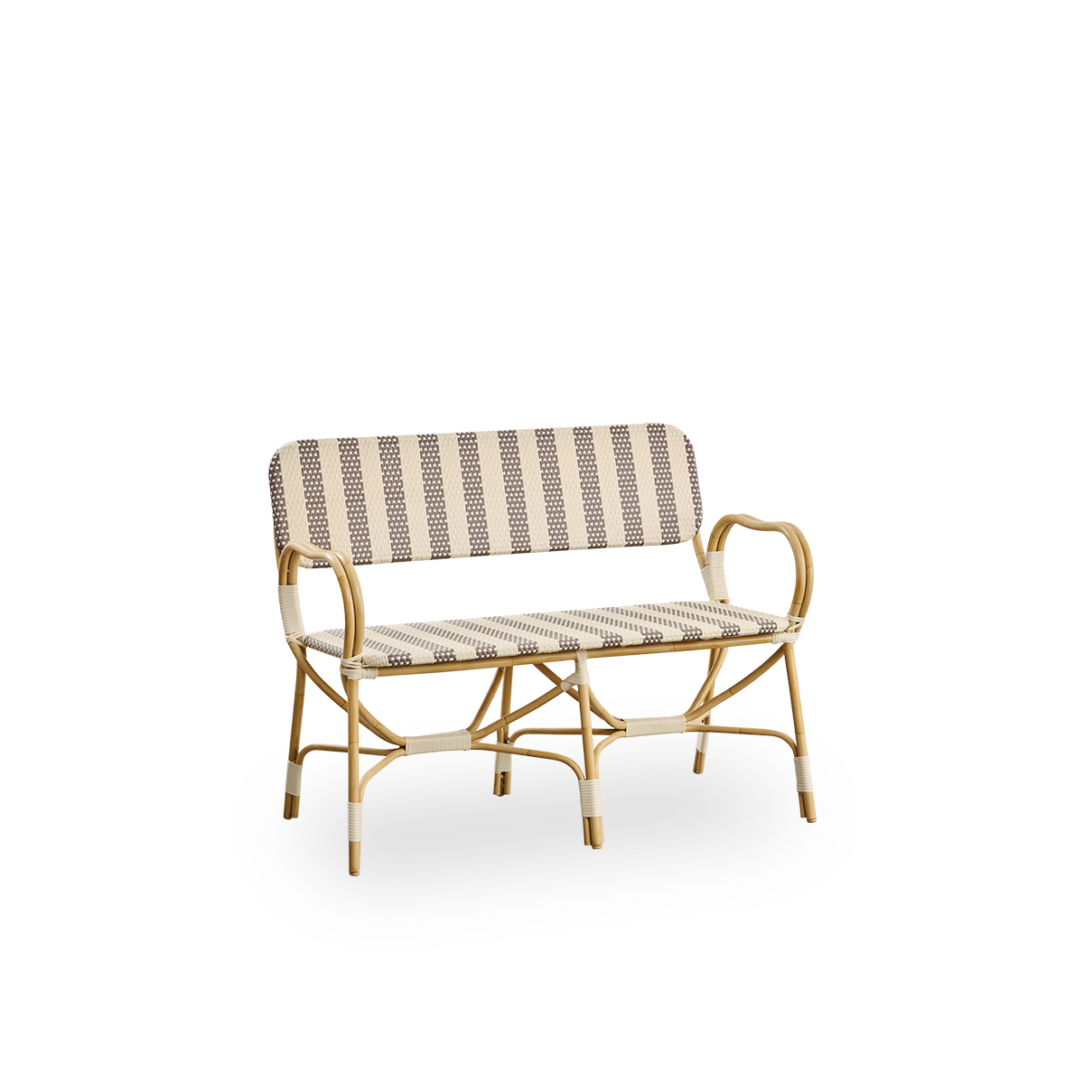 Side view of Bistro exterior bench designed by Franco Albini and Franca Helg. Aluminium frame in rattan look with fully woven seat and backrest in broad striped brown and ivory ArtFibre pattern.