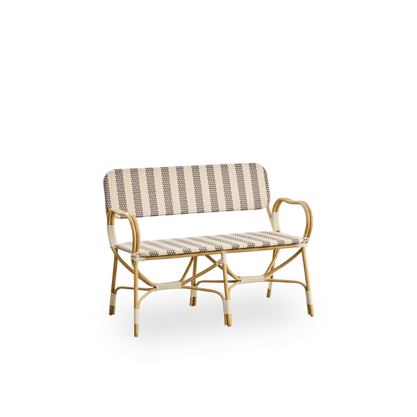 Side view of Bistro exterior bench designed by Franco Albini and Franca Helg. Aluminium frame in rattan look with fully woven seat and backrest in broad striped brown and ivory ArtFibre pattern.