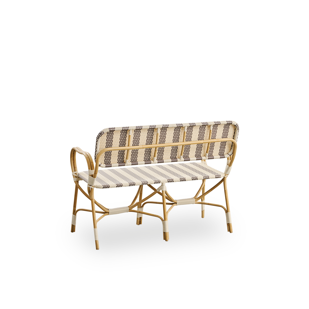 Back side view of Bistro Exterior bench designed by Franco Albini and Franca Helg. Aluminium frame in rattan look with fully woven seat and backrest in broad striped brown and ivory ArtFibre pattern.