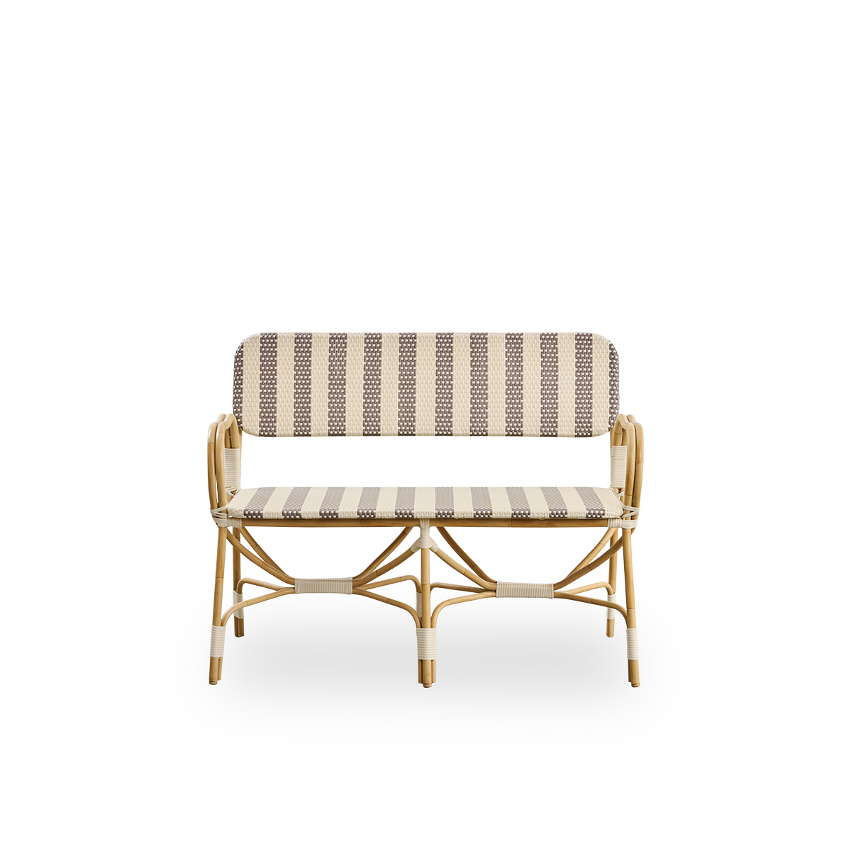Front view of Bistro Exterior bench designed by Franco Albini and Franca Helg. Aluminium frame in rattan look with fully woven seat and backrest in a broad striped brown and ivory ArtFibre pattern.