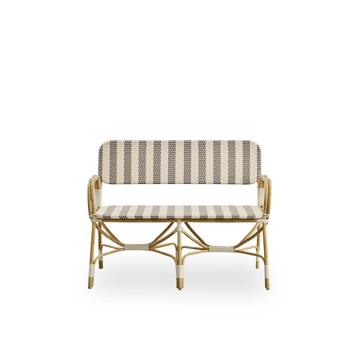 Front view of Bistro Exterior bench designed by Franco Albini and Franca Helg. Aluminium frame in rattan look with fully woven seat and backrest in a broad striped brown and ivory ArtFibre pattern.