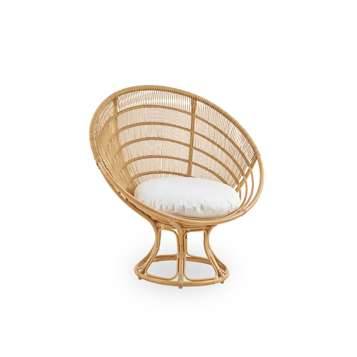 Side view of Luna Exterior lounge chair designed by Franco Albini & Franca Helg. Round outdoor lounge chair with aluminium frame in handpainted rattan look with ArtFibre windings.