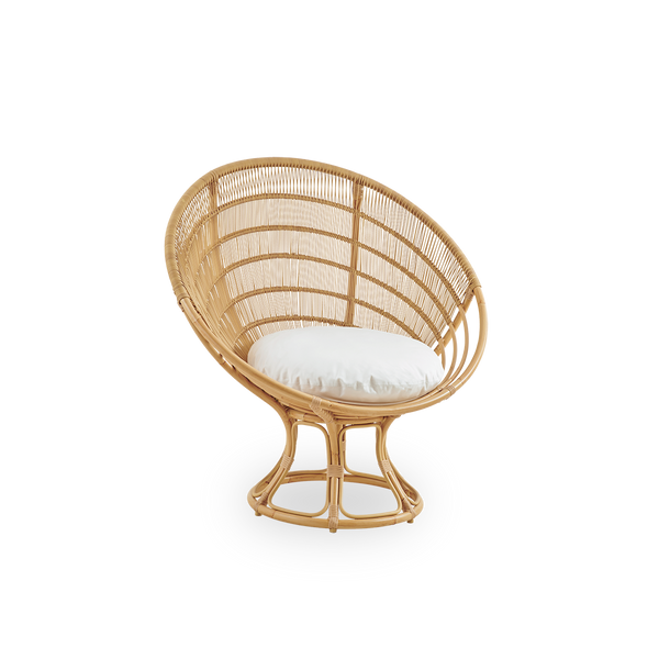 Side view of Luna Exterior lounge chair designed by Franco Albini & Franca Helg. Round outdoor lounge chair with aluminium frame in handpainted rattan look with ArtFibre windings.