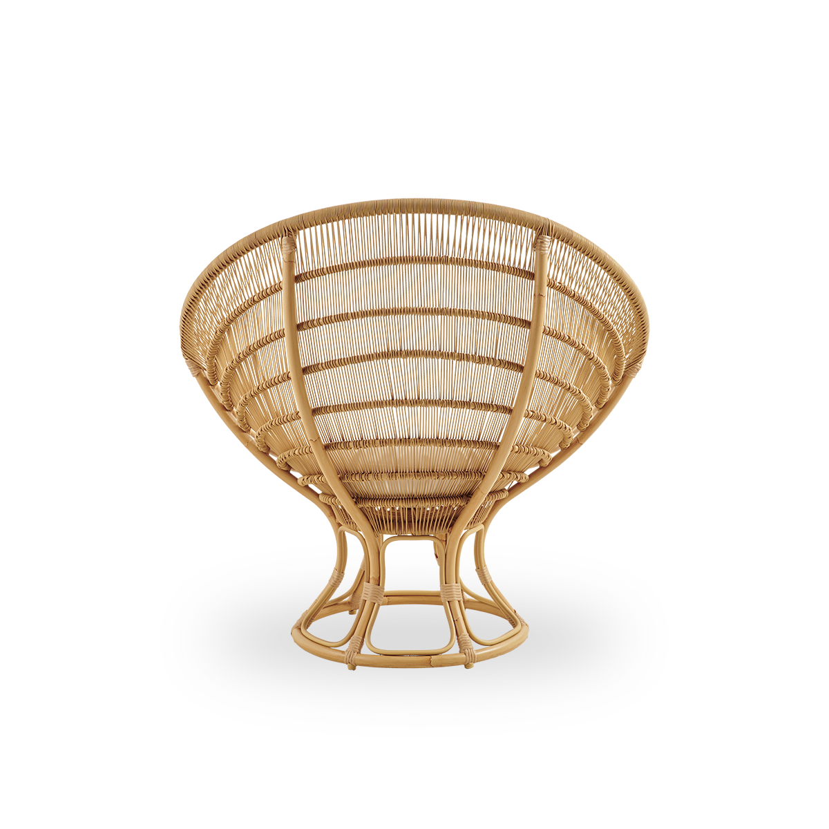 Plain back view of Luna Exterior lounge chair designed by Franco Albini & Franca Helg. Round outdoor lounge chair with aluminium frame in handpainted rattan look with ArtFibre windings.