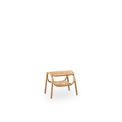 Side view of Machiya stool designed by Jin Kuramoto inspired by traditional Japanese Machiya townhouses. Handcrafted from high-quality Indonesian rattan. Width 53 cm.