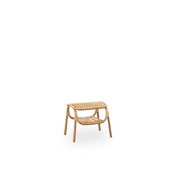 Side view of Machiya stool designed by Jin Kuramoto inspired by traditional Japanese Machiya townhouses. Handcrafted from high-quality Indonesian rattan. Width 53 cm.