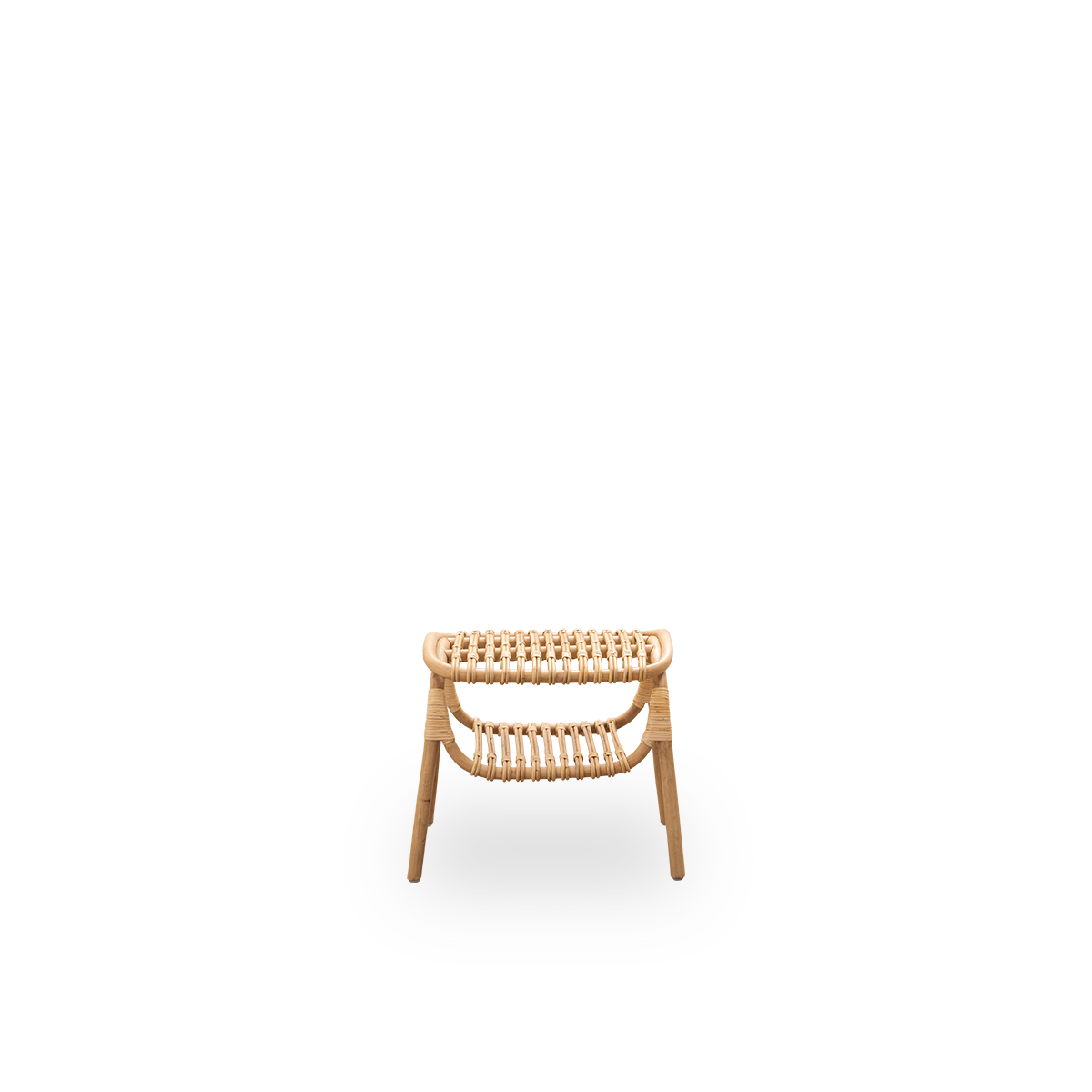 Front view of the Machiya stool designed by Jin Kuramoto, inspired by traditional Japanese Machiya townhouses.
Handcrafted from high-quality Indonesian rattan. Width 53 cm.