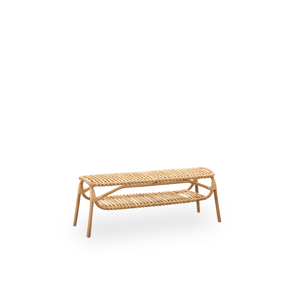 Side view of Machiya bench designed by Jin Kuramoto inspired by traditional Japanese Machiya townhouses. Handcrafted from high-quality Indonesian rattan. Length 120 cm.