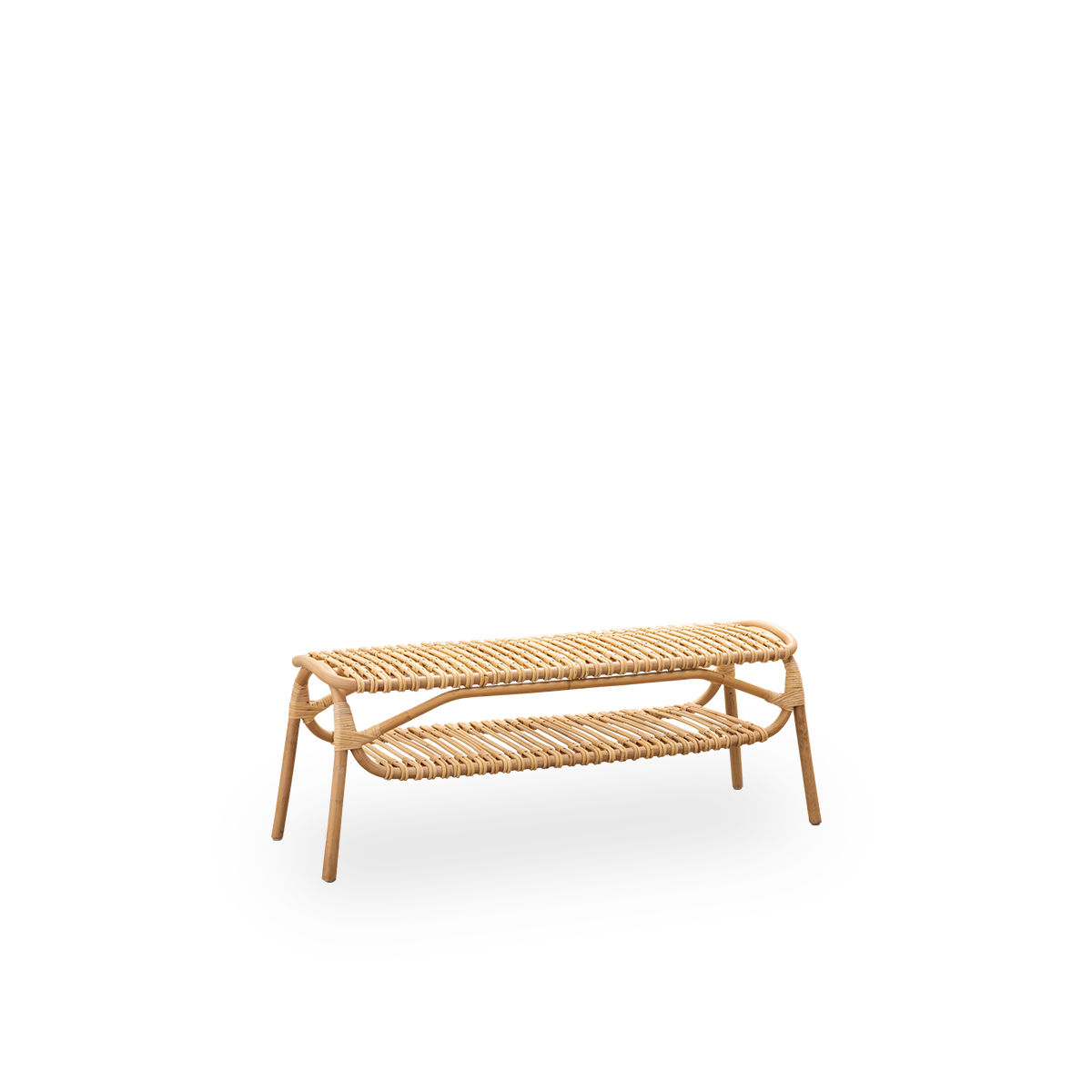Side view of Machiya bench designed by Jin Kuramoto inspired by traditional Japanese Machiya townhouses. Handcrafted from high-quality Indonesian rattan. Length 120 cm.
