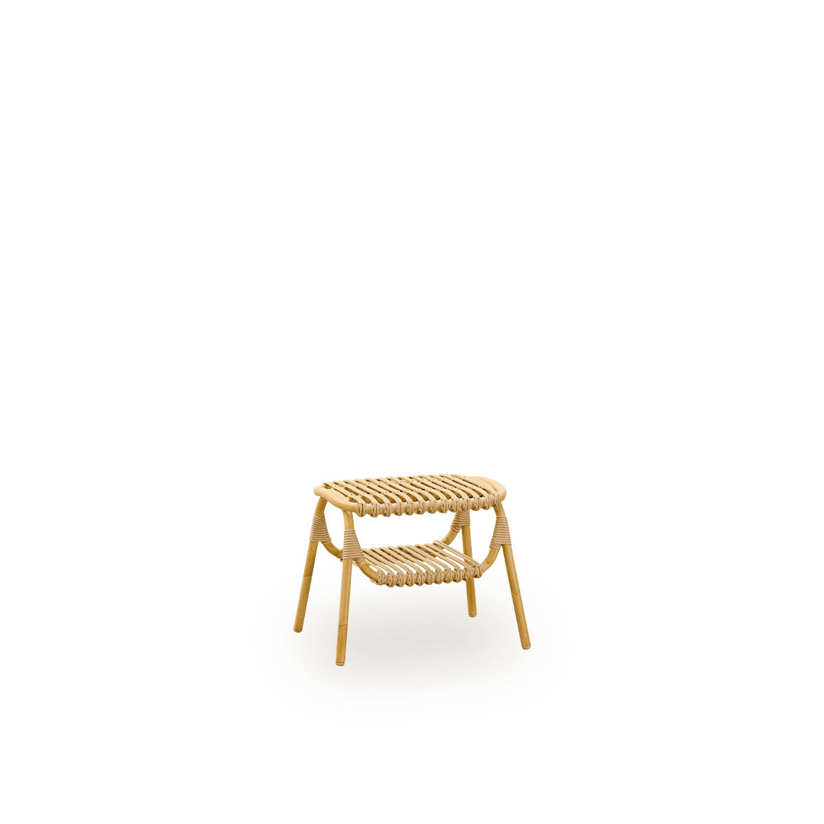 Side view of Machiya outdoor stool designed by Jin Kuramoto. Aluminium frame in handpainted rattan look with ArtFibre windings. Width 53 cm.