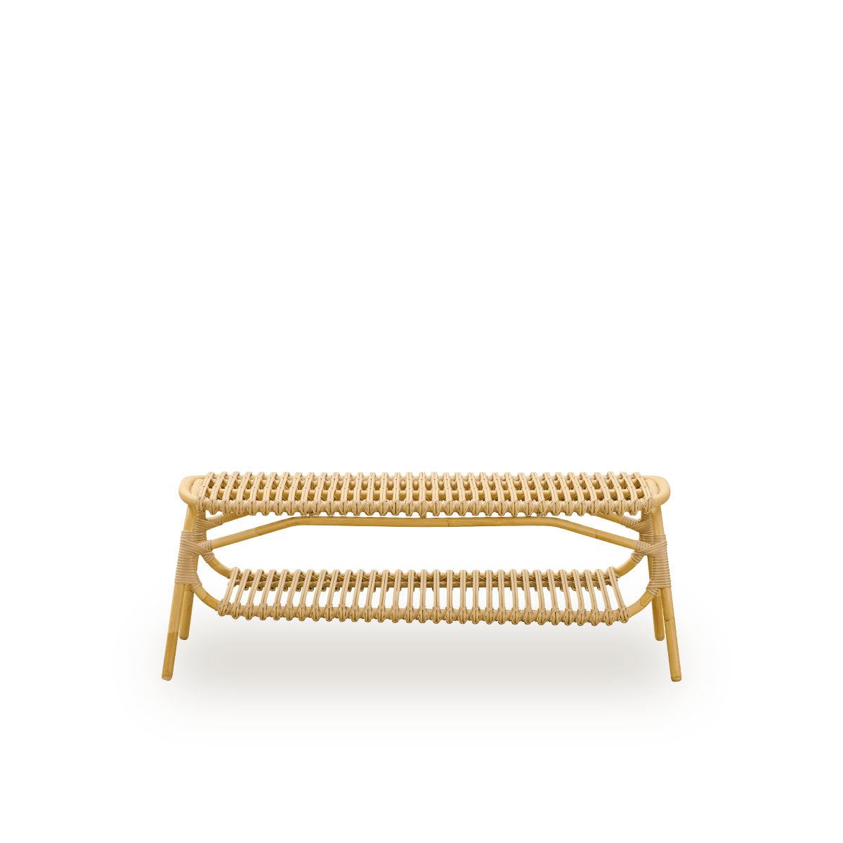 Front view of the Machiya outdoor bench designed by Jin Kuramoto.
Aluminium frame in hand-painted rattan look with ArtFibre windings. Length 120 cm.