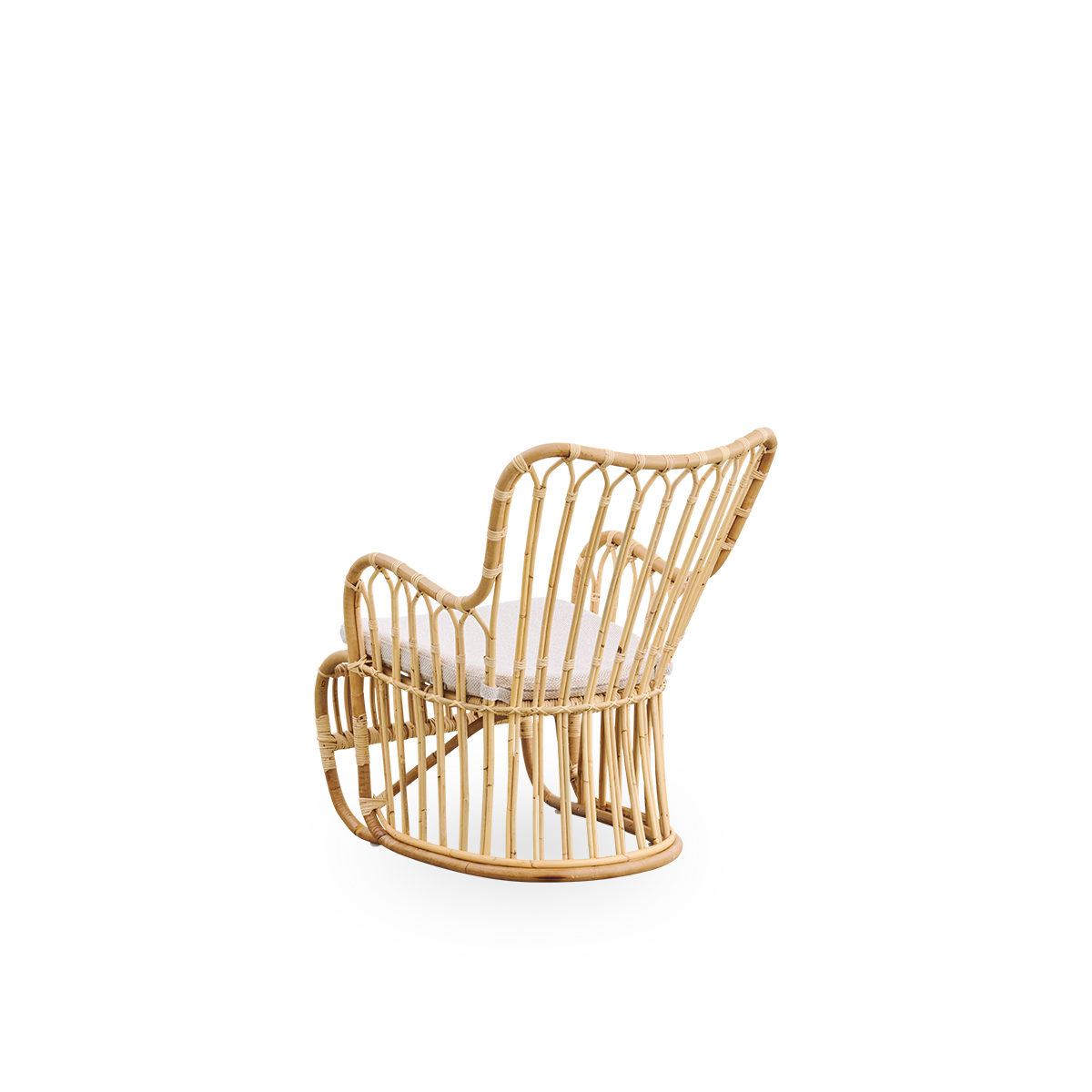 Plain back view of Tulip lounge chair designed by Tove Kindt-Larsen, with soft organic lines. Handcrafted from high-quality Indonesian rattan.