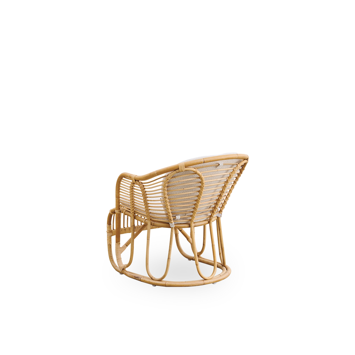 Back side view of the Swing lounge chair designed by Tove Kindt-Larsen.
Handcrafted from high-quality Indonesian rattan and fitted with seat and back cushion.