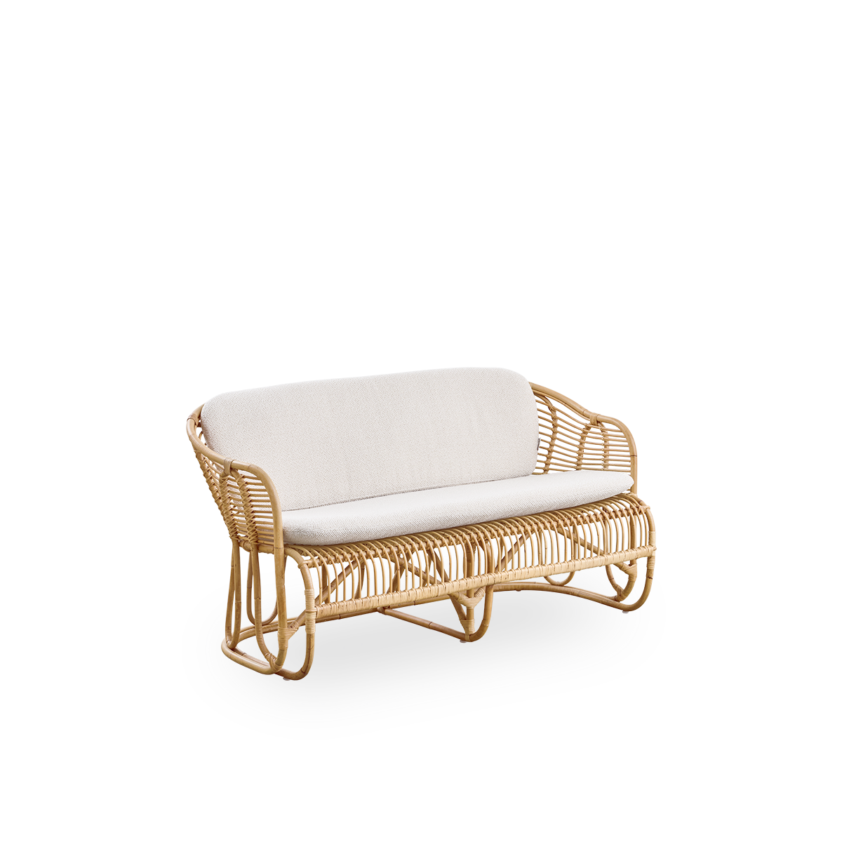Side view of Swing 2-seater sofa designed by Tove Kindt-Larsen. Handcrafted from high-quality Indonesian rattan and fitted with seat and back cushion.