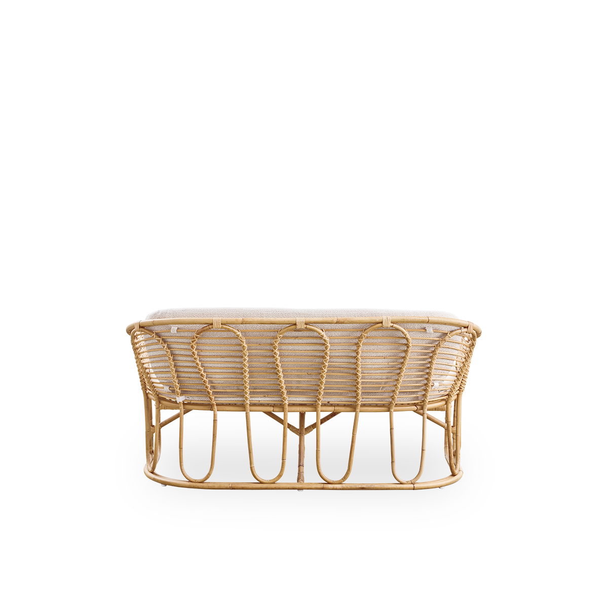 Plain back view of Swing 2-seater sofa designed by Tove Kindt-Larsen. Handcrafted from high-quality Indonesian rattan and fitted with seat and back cushion.