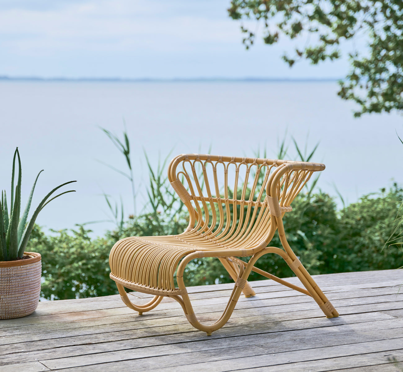 This is a lifestyle image of Fox Exterior Lounge Chair in natural Aluminium ArtFibre, on a waterside wooden deck with coastal reeds and sea views.