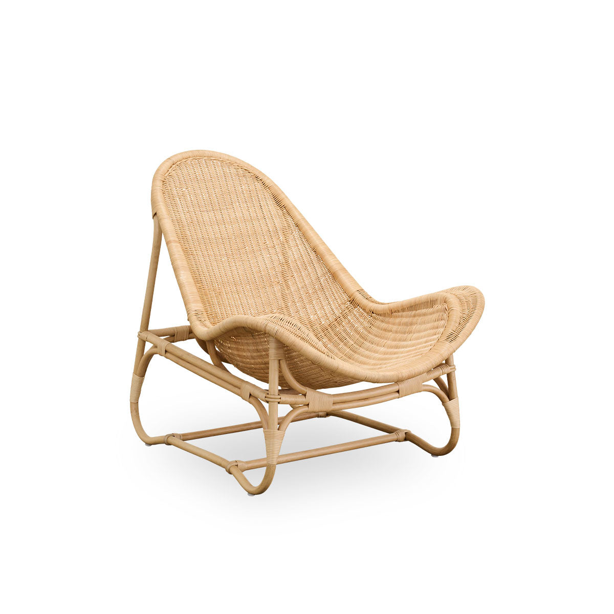 Side view of Pacifique lounge chair by Michel Buffet. Elegant design handcrafted in rattan with fully woven seat. 