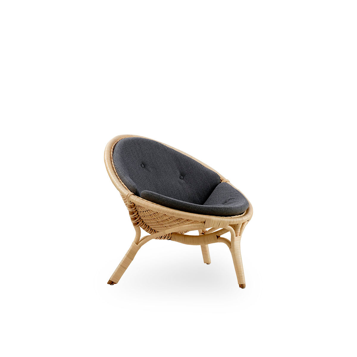 Side view of Rana lounge chair designed by Nanna Ditzel. Award-winning three-legged design, with fully woven seat, handcrafted from high-quality Indonesian rattan.