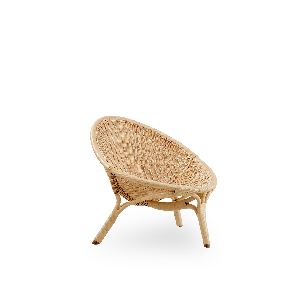 Side view of Rana lounge chair designed by Nanna Ditzel. Award-winning three-legged design, with fully woven seat, handcrafted from high-quality Indonesian rattan.