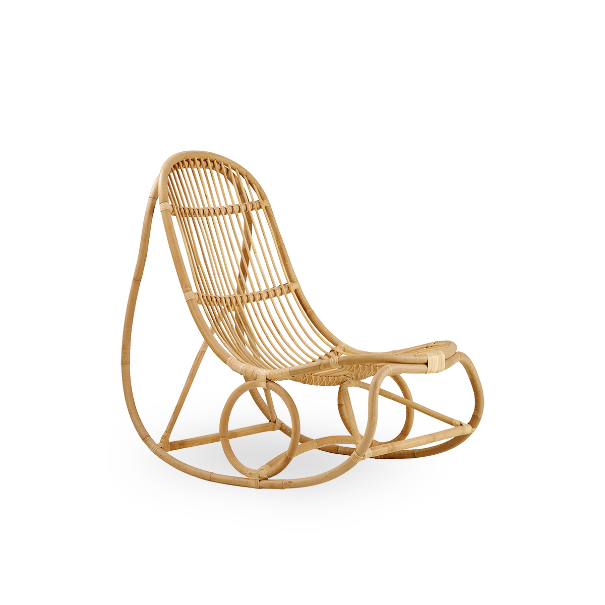Side view of Nanny rocking chair designed by Nanna Ditzel presented in high quality natural rattan.