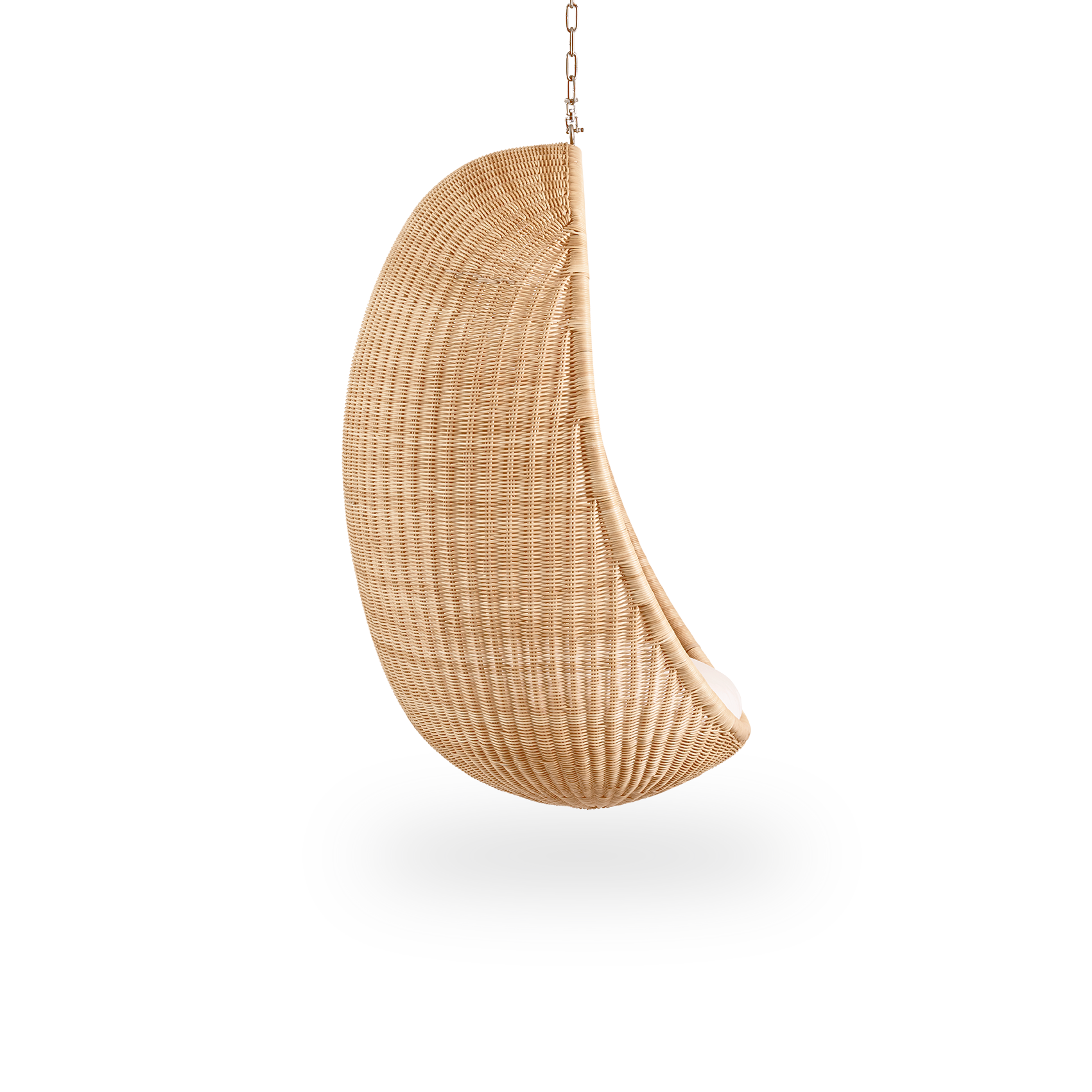 Plain side view of Hanging Egg, an iconic hammock chair designed by Nanna and Jørgen Ditzel. The round hanging chair is fully woven from high-quality Indonesian rattan and hangs in a metal chain.