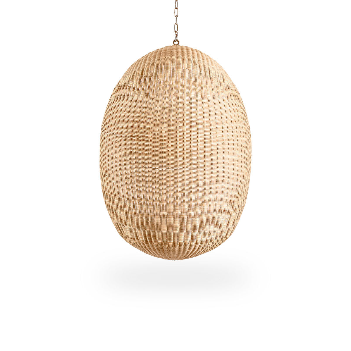 Plain back view of Hanging Egg, an iconic hammock chair designed by Nanna and Jørgen Ditzel. The round hanging chair is fully woven from high-quality Indonesian rattan and hangs in a metal chain.