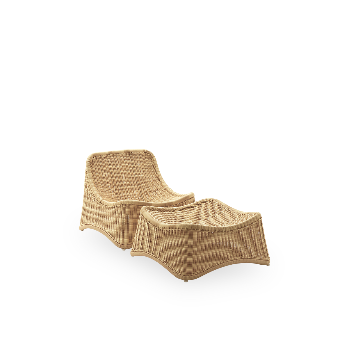 Side view of Chill Exterior lounge chair, a fully woven outdoor chair with a matching footstool designed by Nanna Ditzel. The chair has no armrests and is handcrafted from Alu-Rattan and ArtFibre.