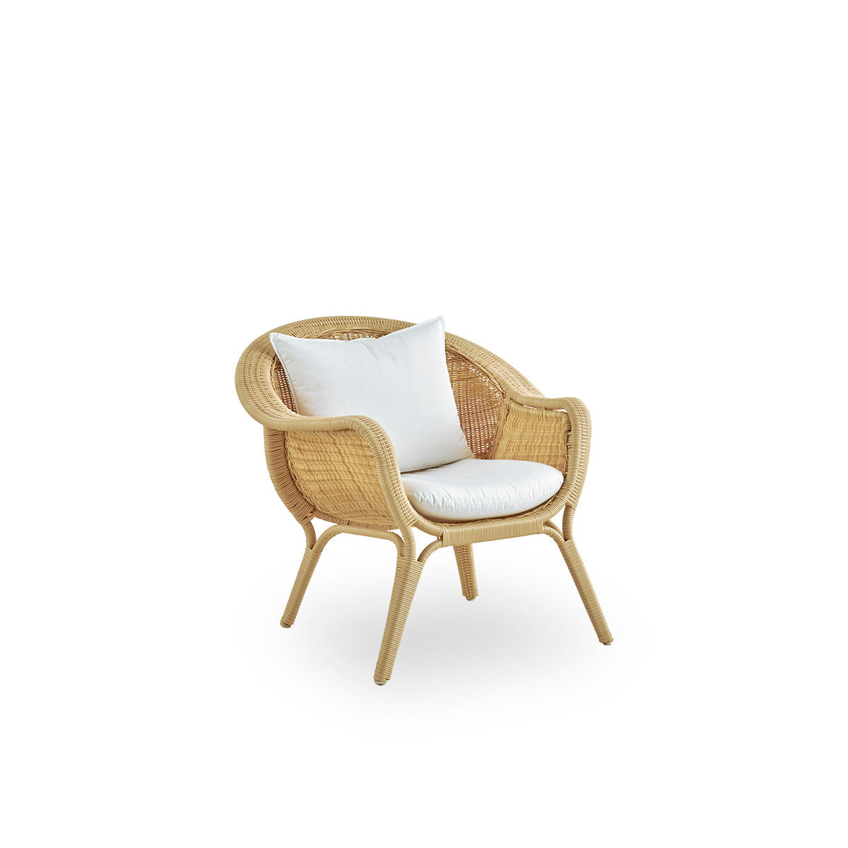 Side view of Madame Exterior lounge chair designed by Nanna & Jørgen Ditzel. Fully woven lounge chair with soft, feminine shell-shaped design. Frame made in aluminium woven with ArtFibre.