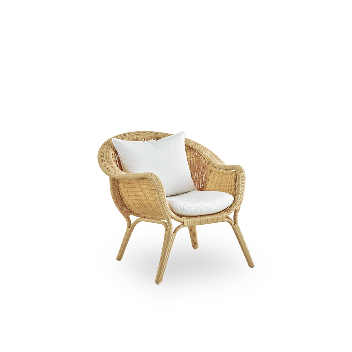Side view of Madame Exterior lounge chair designed by Nanna & Jørgen Ditzel. Fully woven lounge chair with soft, feminine shell-shaped design. Frame made in aluminium woven with ArtFibre.