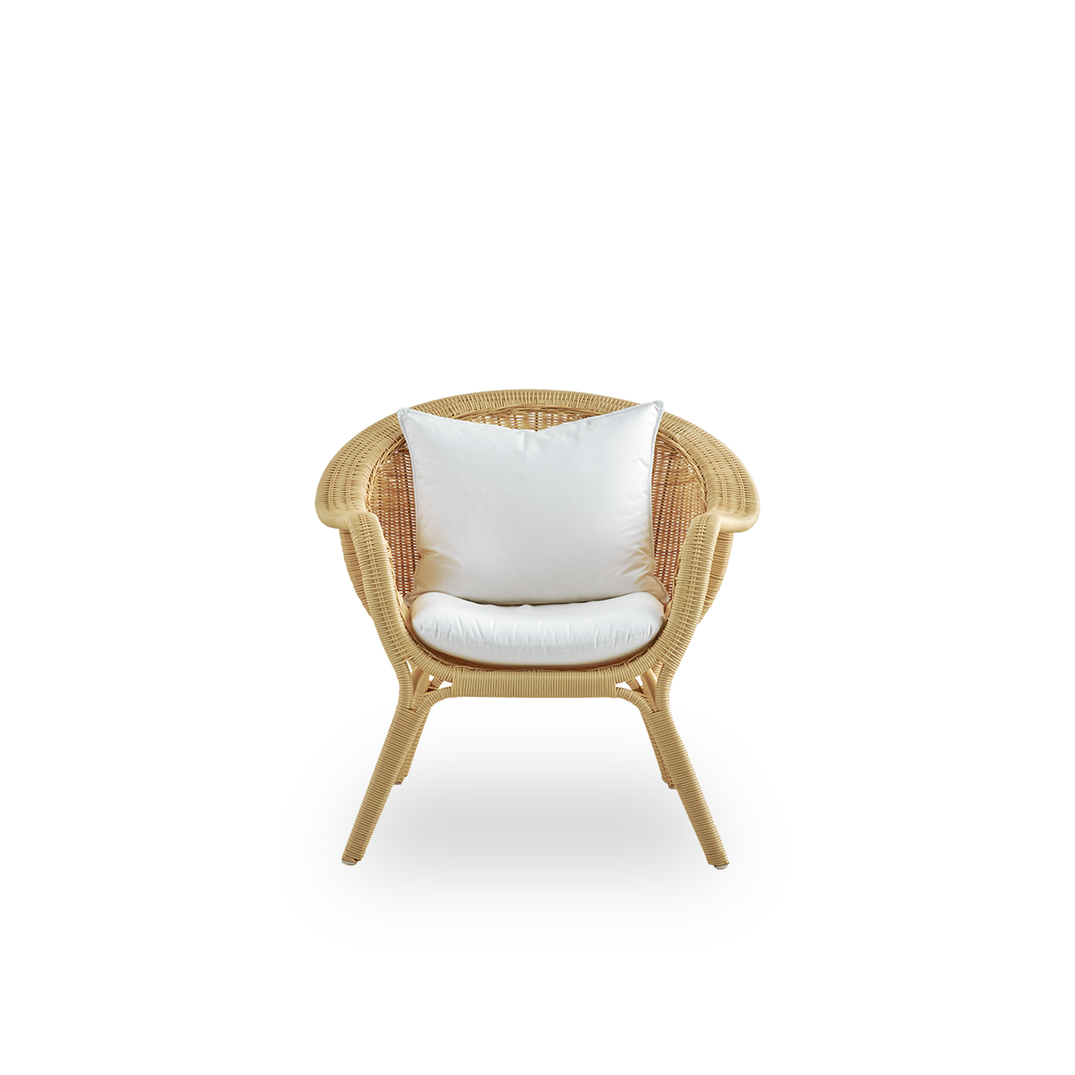 Front view of the Madame Exterior lounge chair designed by Nanna & Jørgen Ditzel.
Fully woven lounge chair with a soft, feminine shell-shaped design. Frame made of aluminium woven with ArtFibre.