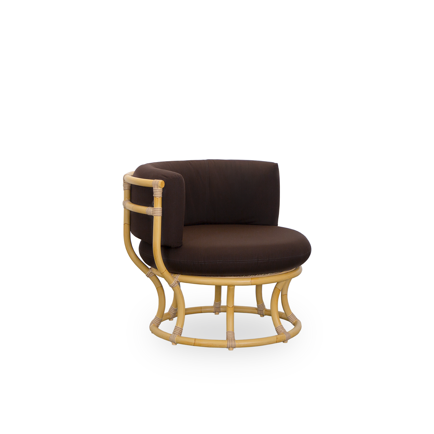 Side view of the Coco Exterior lounge chair in rattan look designed by Nanna Ditzel. The design is based on perfect circles, and has an aluminum frame with ArtFibre weave details. Presented with brown cushion.