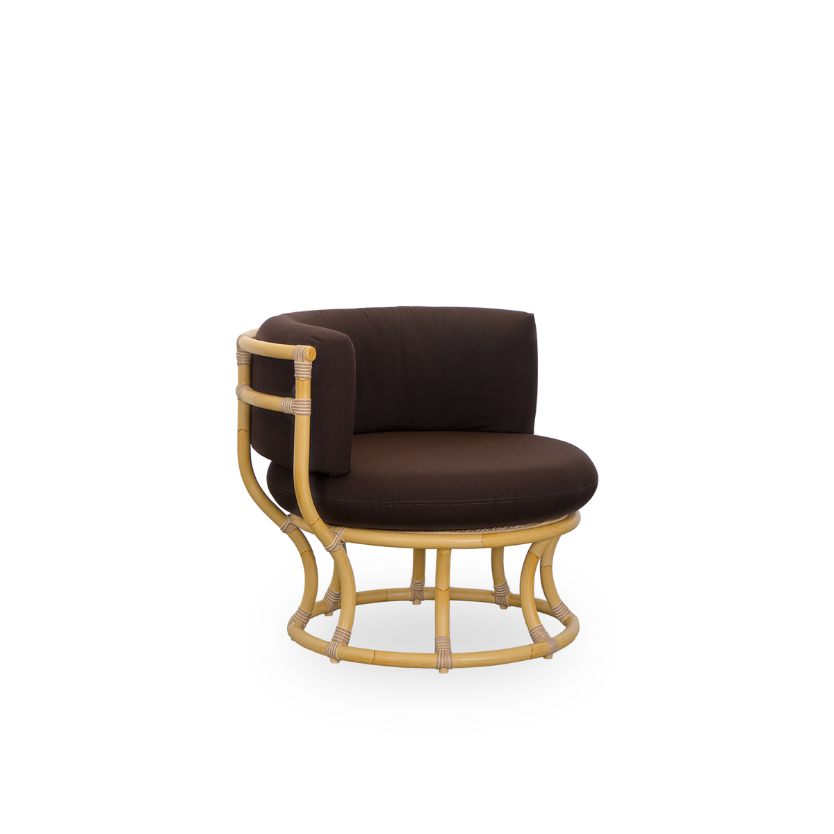 Side view of the Coco Exterior lounge chair in rattan look designed by Nanna Ditzel. The design is based on perfect circles, and has an aluminum frame with ArtFibre weave details. Presented with brown cushion.