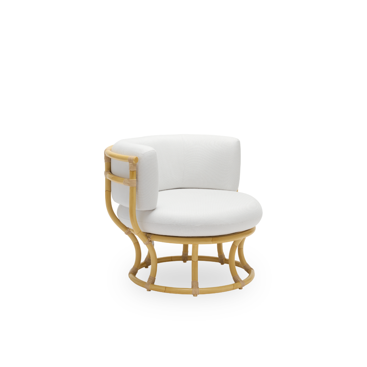 Side view of the Coco Exterior lounge chair in rattan look designed by Nanna Ditzel. The design is based on perfect circles, and has an aluminum frame with ArtFibre weave details.