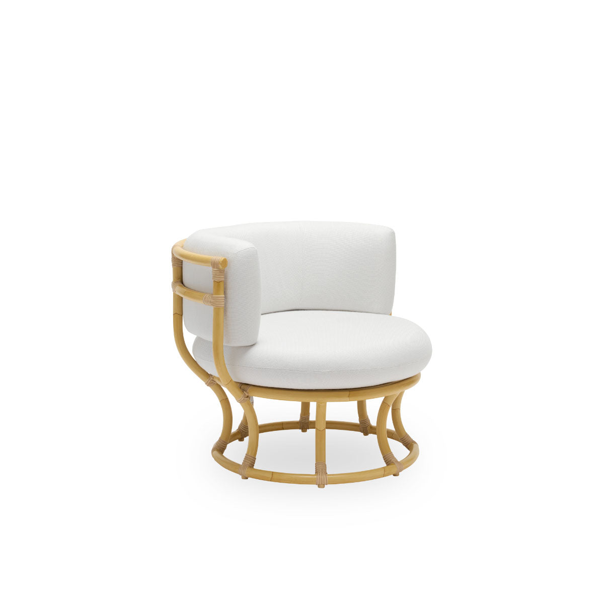 Side view of the Coco Exterior lounge chair in rattan look designed by Nanna Ditzel. The design is based on perfect circles, and has an aluminum frame with ArtFibre weave details.