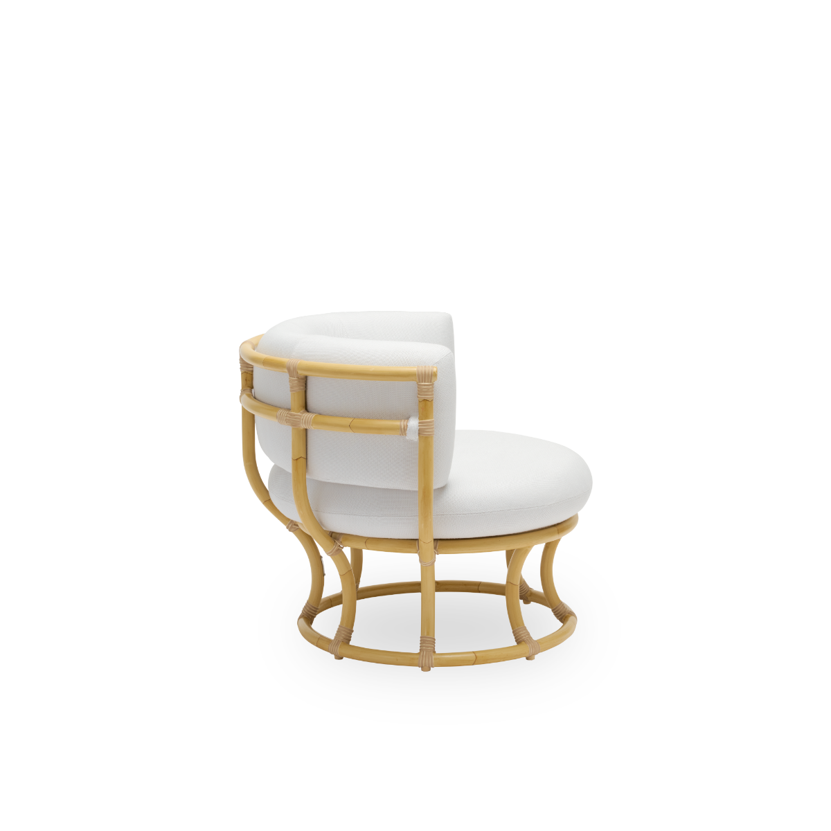 Plain side view of the Coco Exterior lounge chair in rattan look designed by Nanna Ditzel. The design is based on perfect circles, and has an aluminum frame with ArtFibre weave details.